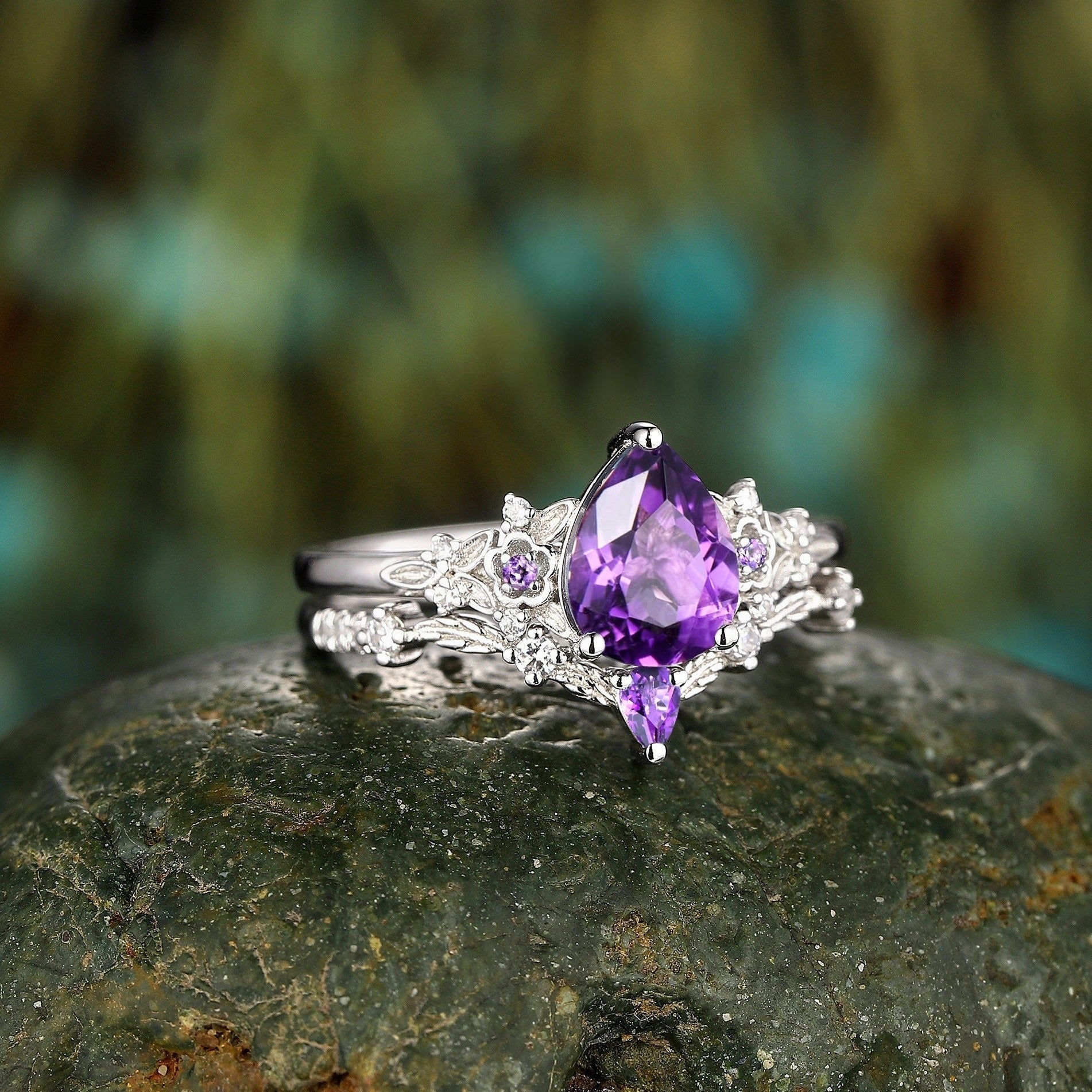 Vintage Pear Shape Amethyst Engagement Ring Set Floral Promise Ring - anerjuly