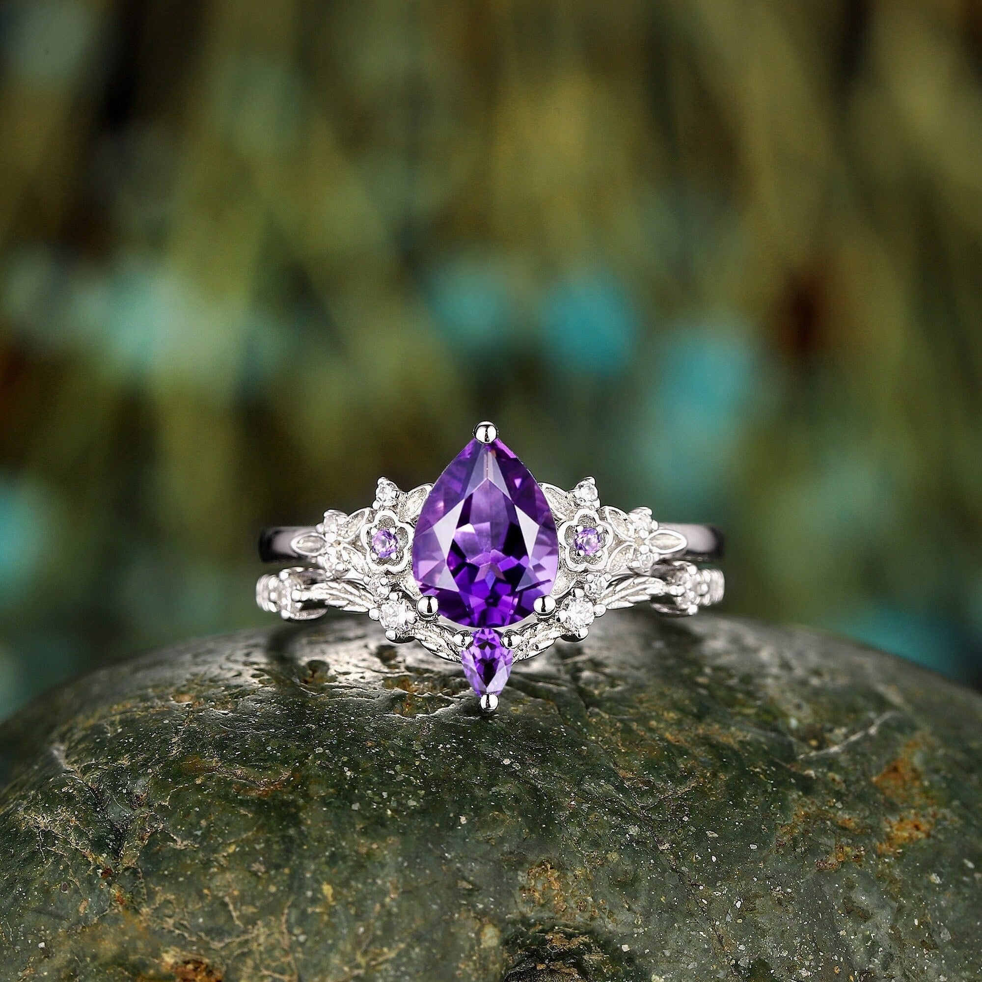 Vintage Pear Shape Amethyst Engagement Ring Set Floral Promise Ring - anerjuly