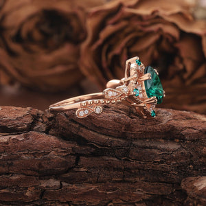 Vintage Pear Shape Emerald Engagement Ring Set Unique Floral Emerald Wedding Ring Bridal Set, Emerald Promise Ring for Women - anerjuly