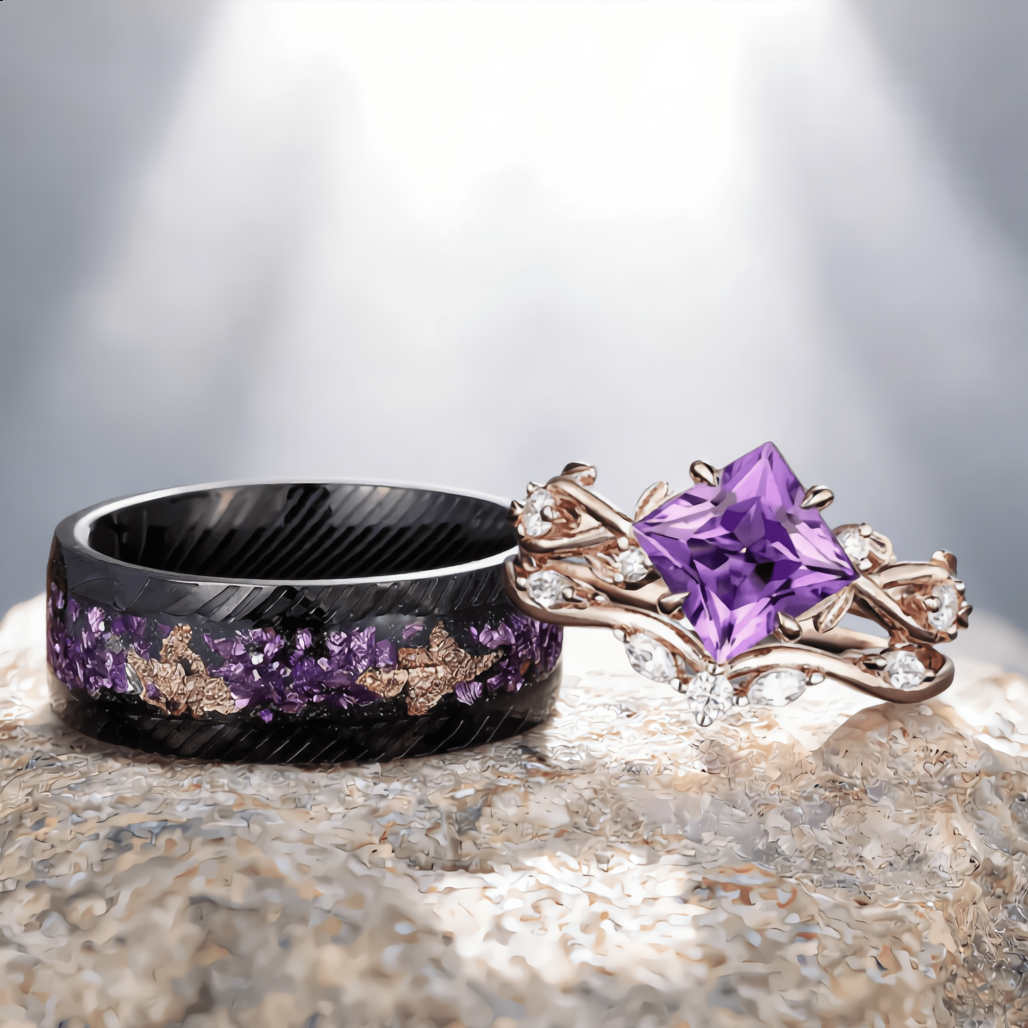 Vintage Princess Cut Amethyst Art Deco Couple Ring Set His and Her Matching Rings - anerjuly