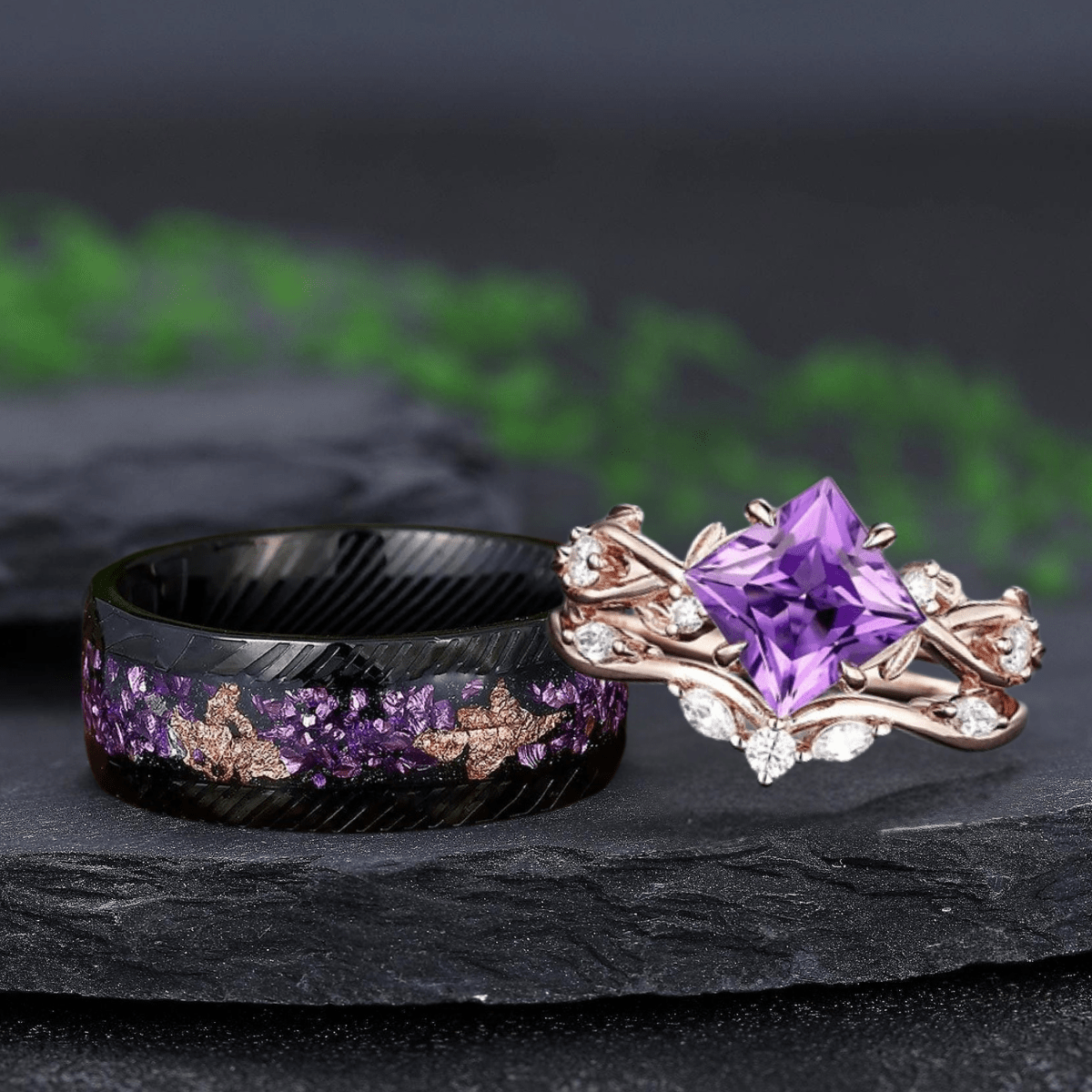 Vintage Princess Cut Amethyst Art Deco Couple Ring Set His and Her Matching Rings - anerjuly