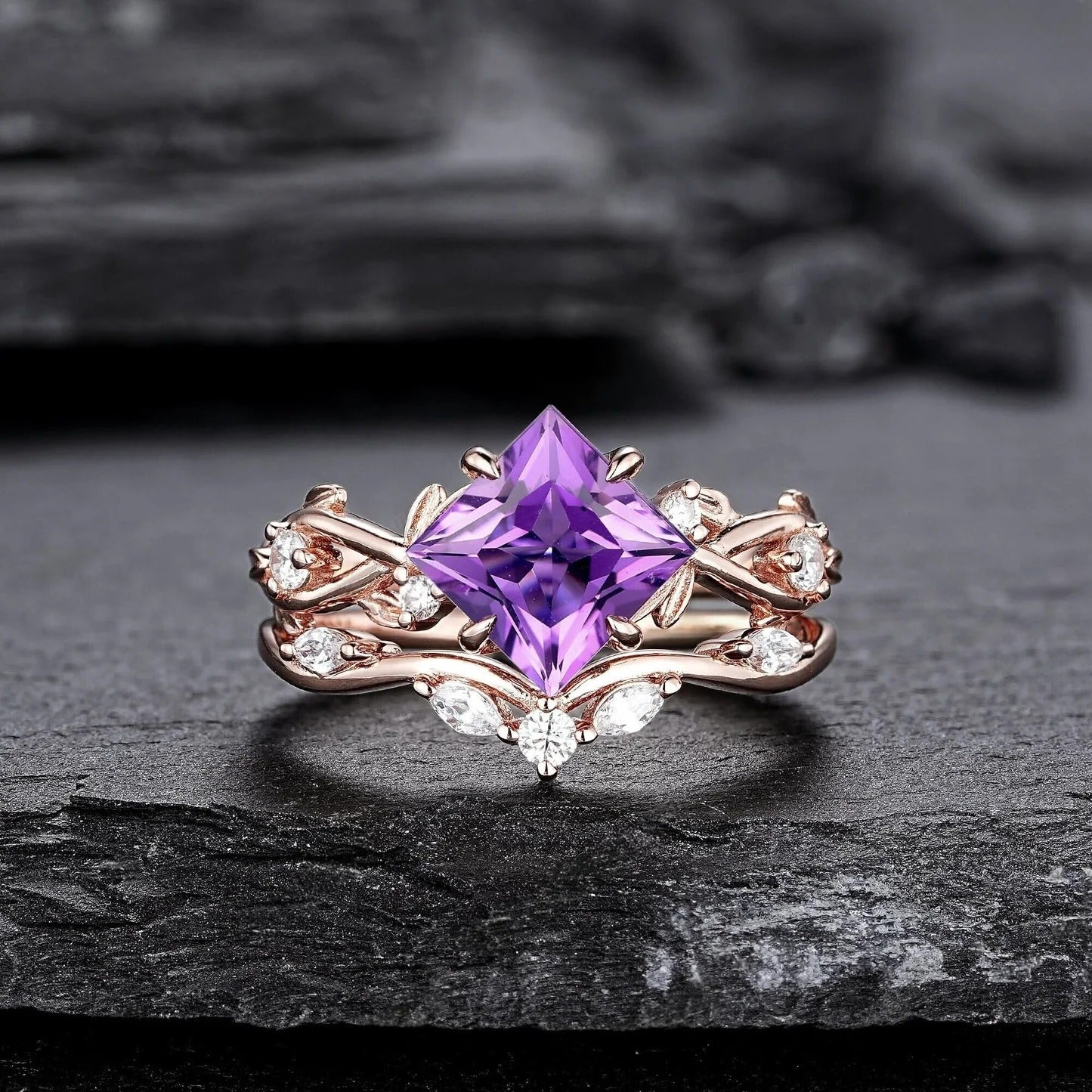 Vintage Princess Cut Amethyst Art Deco Couple Ring Set His and Her Matching Rings - anerjuly
