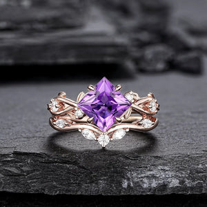 Vintage Princess Cut Amethyst Art Deco Couple Ring Set His and Her Matching Rings - anerjuly