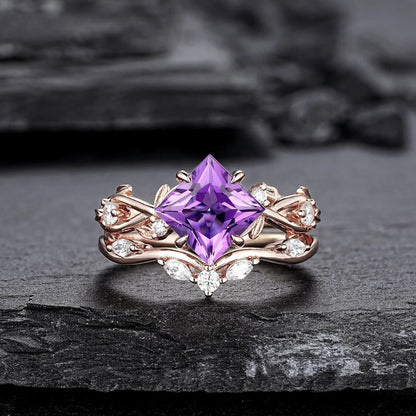 Vintage Princess Cut Amethyst Art Deco Couple Ring Set His and Her Matching Rings - anerjuly