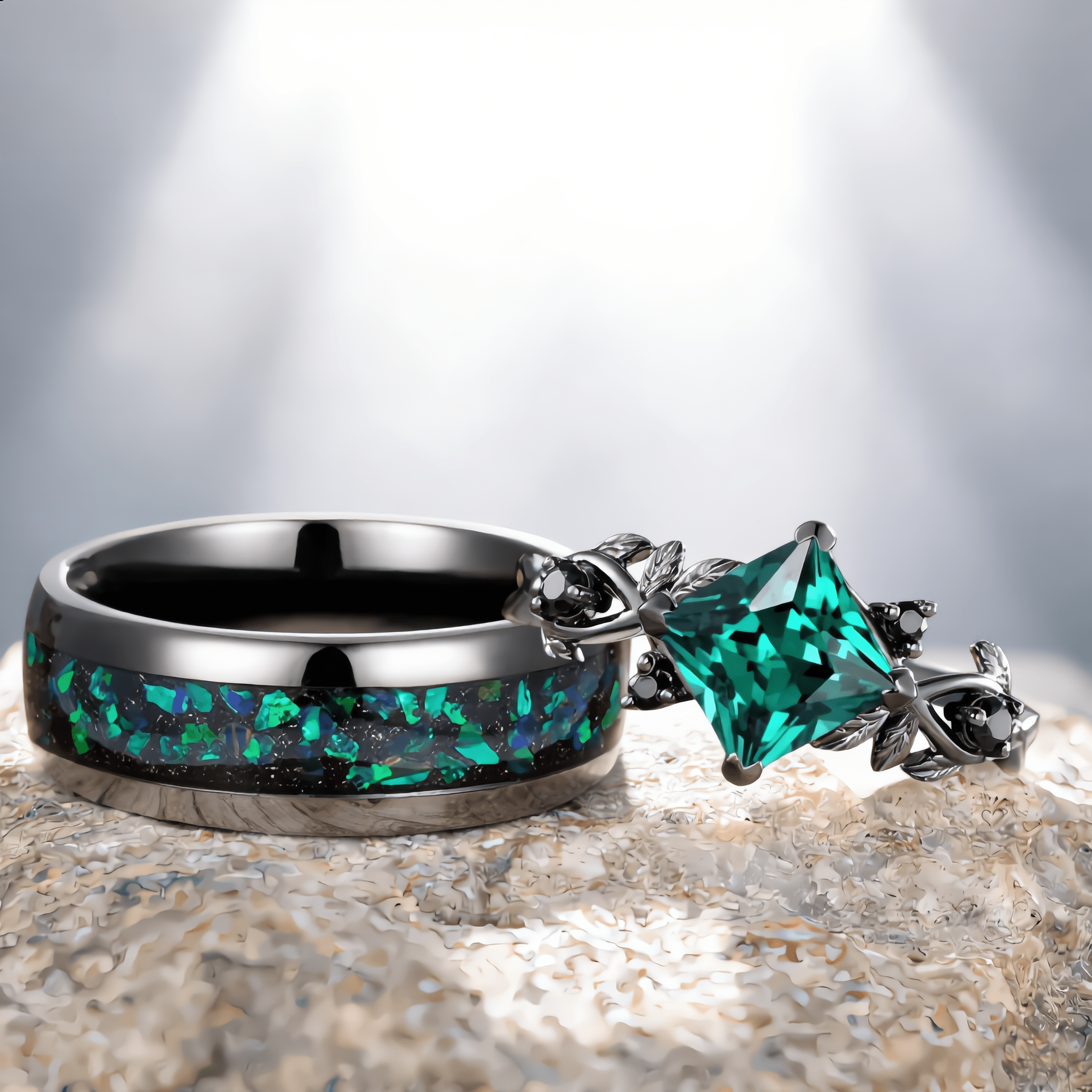 Vintage Princess Cut Emerald Bridal Set Green Opal Tungsten Unique His and Hers Rings Couple Ring - anerjuly