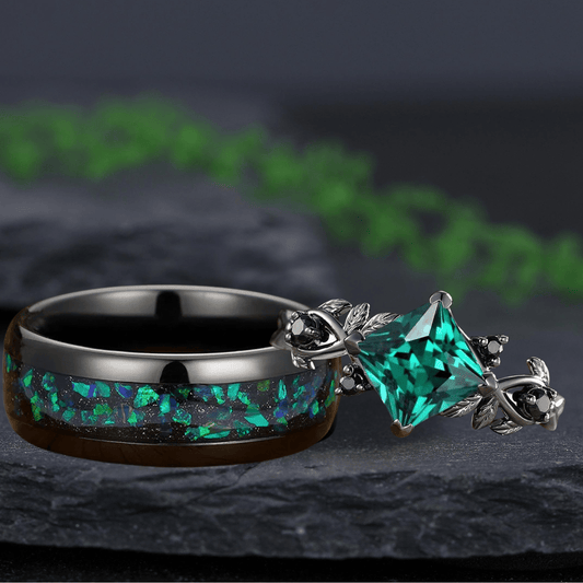 Vintage Princess Cut Emerald Bridal Set Green Opal Tungsten Unique His and Hers Rings Couple Ring - anerjuly