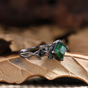 Vintage Princess Cut Emerald Engagement Ring Leaf Design Black Band Ring Set - anerjuly