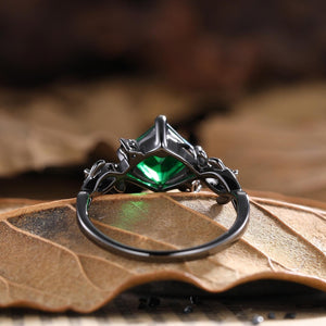 Vintage Princess Cut Emerald Engagement Ring Leaf Design Black Band Ring Set - anerjuly