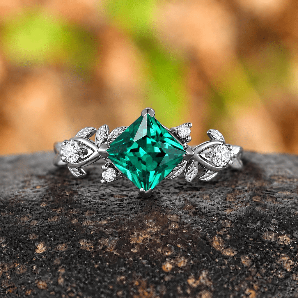Vintage Princess Cut Emerald Engagement Ring Leaf Design Black Band Ring Set - anerjuly