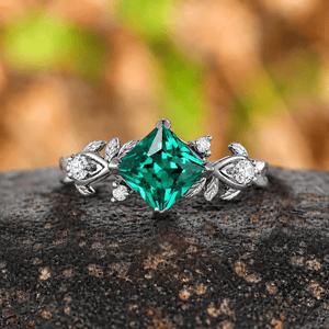 Vintage Princess Cut Emerald Engagement Ring Leaf Design Black Band Ring Set - anerjuly
