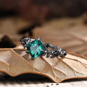 Vintage Princess Cut Emerald Engagement Ring Leaf Design Black Band Ring Set - anerjuly
