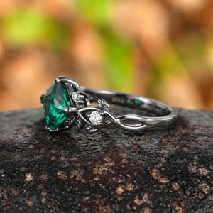 Vintage Princess Cut Emerald Engagement Ring Leaf Design Black Band Ring Set - anerjuly