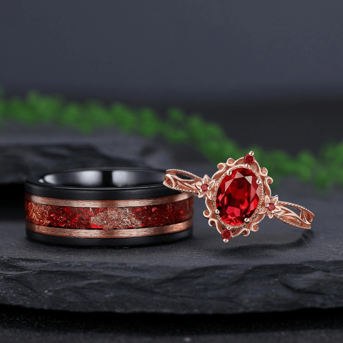 Vintage Red Garnet Couple Rings Cluster Ring Nature Inspired Leaf Engagement Ring Set for Women Black Gold Promise Ring Set - anerjuly