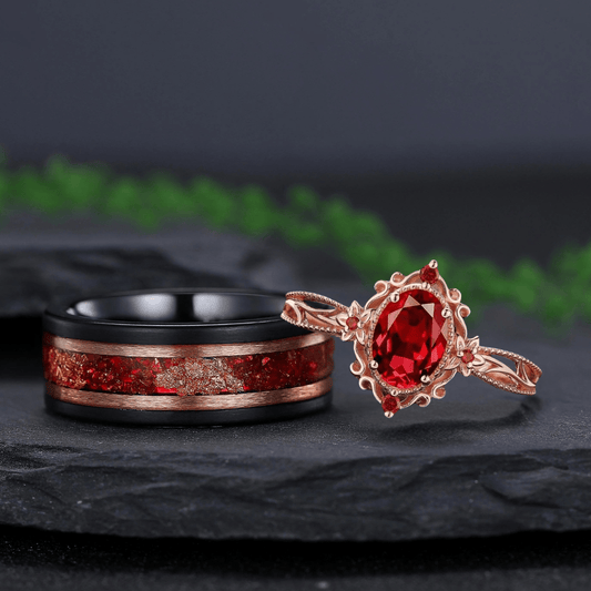 Vintage Red Garnet Couple Rings Cluster Ring Nature Inspired Leaf Engagement Ring Set for Women Black Gold Promise Ring Set - anerjuly