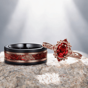 Vintage Red Garnet Couple Rings Cluster Ring Nature Inspired Leaf Engagement Ring Set for Women Black Gold Promise Ring Set - anerjuly