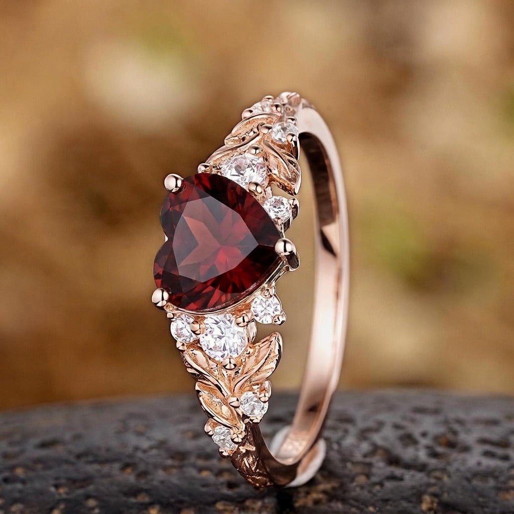 Vintage Red Garnet Heart Vine Ring - anerjuly