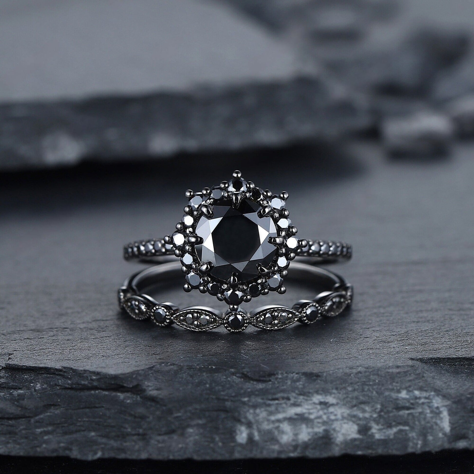 Vintage Round Black Onyx Black Gold Promise Ring, Rhodium Black Bridal Set, Black Wedding Ring - anerjuly