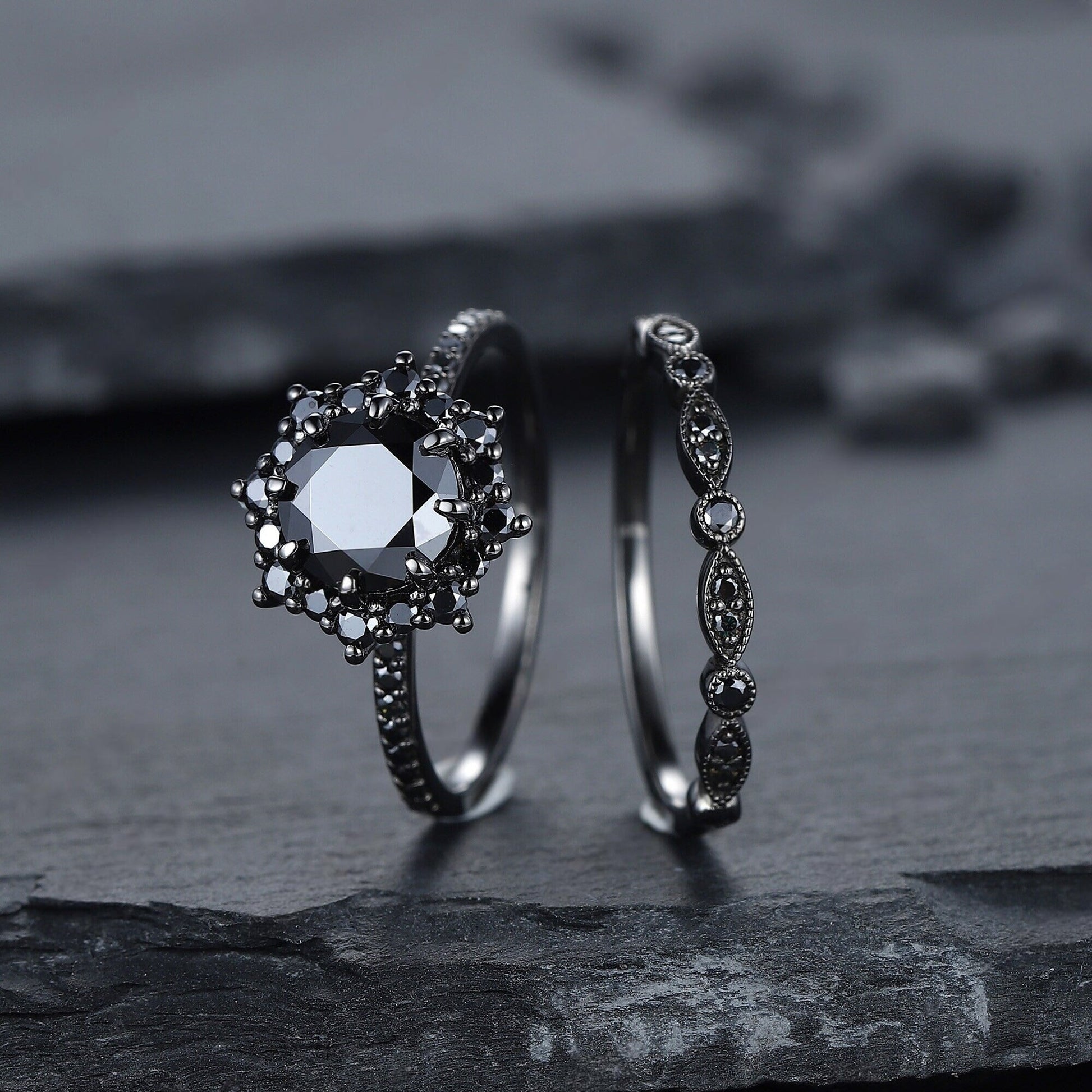 Vintage Round Black Onyx Black Gold Promise Ring, Rhodium Black Bridal Set, Black Wedding Ring - anerjuly