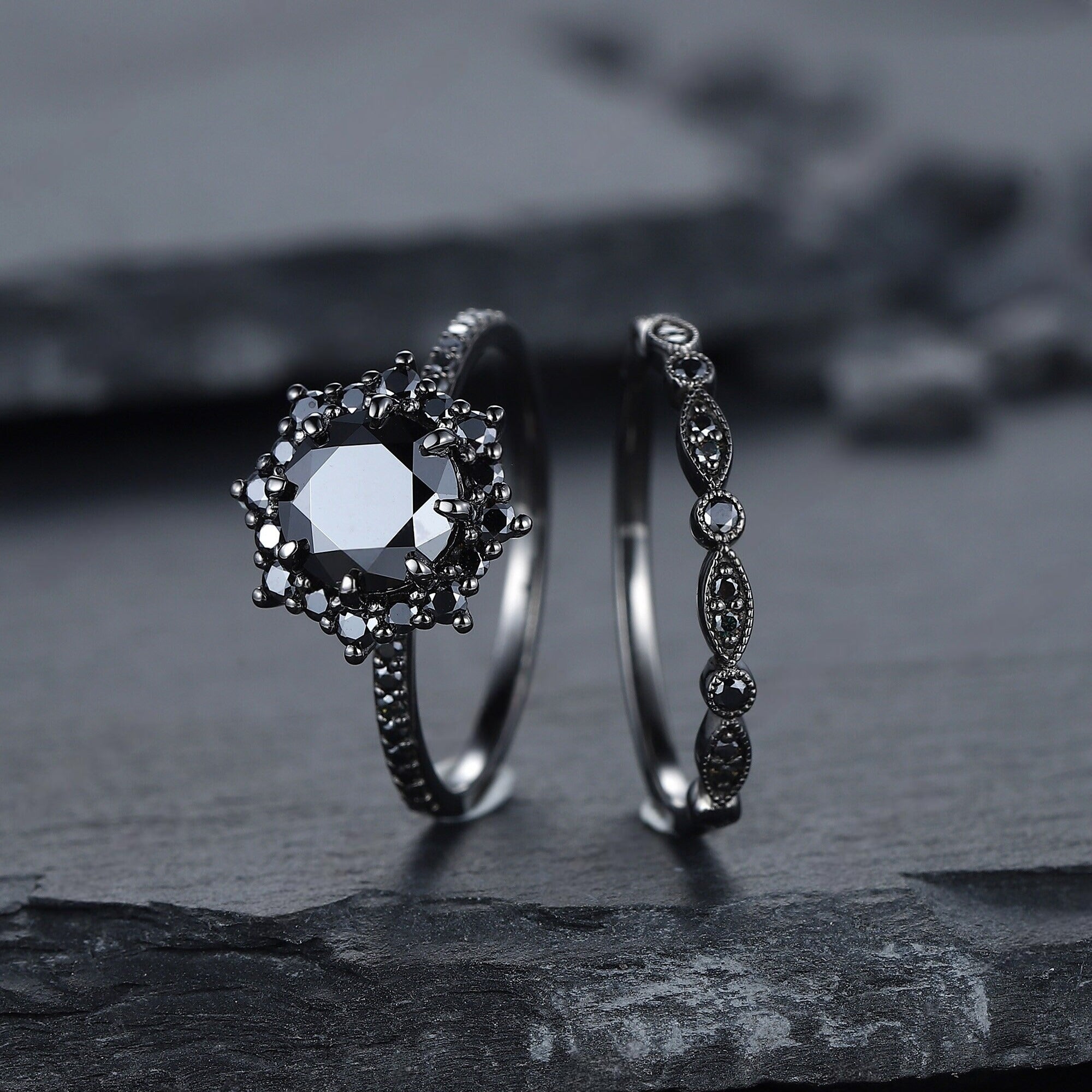 Vintage Round Black Onyx Black Gold Promise Ring, Rhodium Black Bridal Set, Black Wedding Ring - anerjuly
