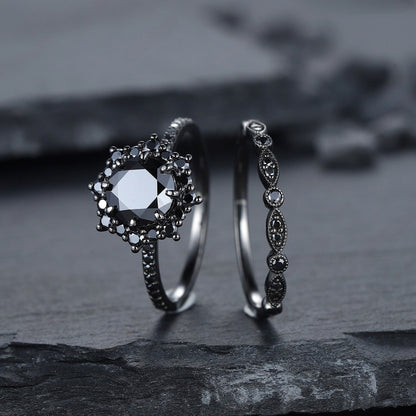 Vintage Round Black Onyx Black Gold Promise Ring, Rhodium Black Bridal Set, Black Wedding Ring - anerjuly