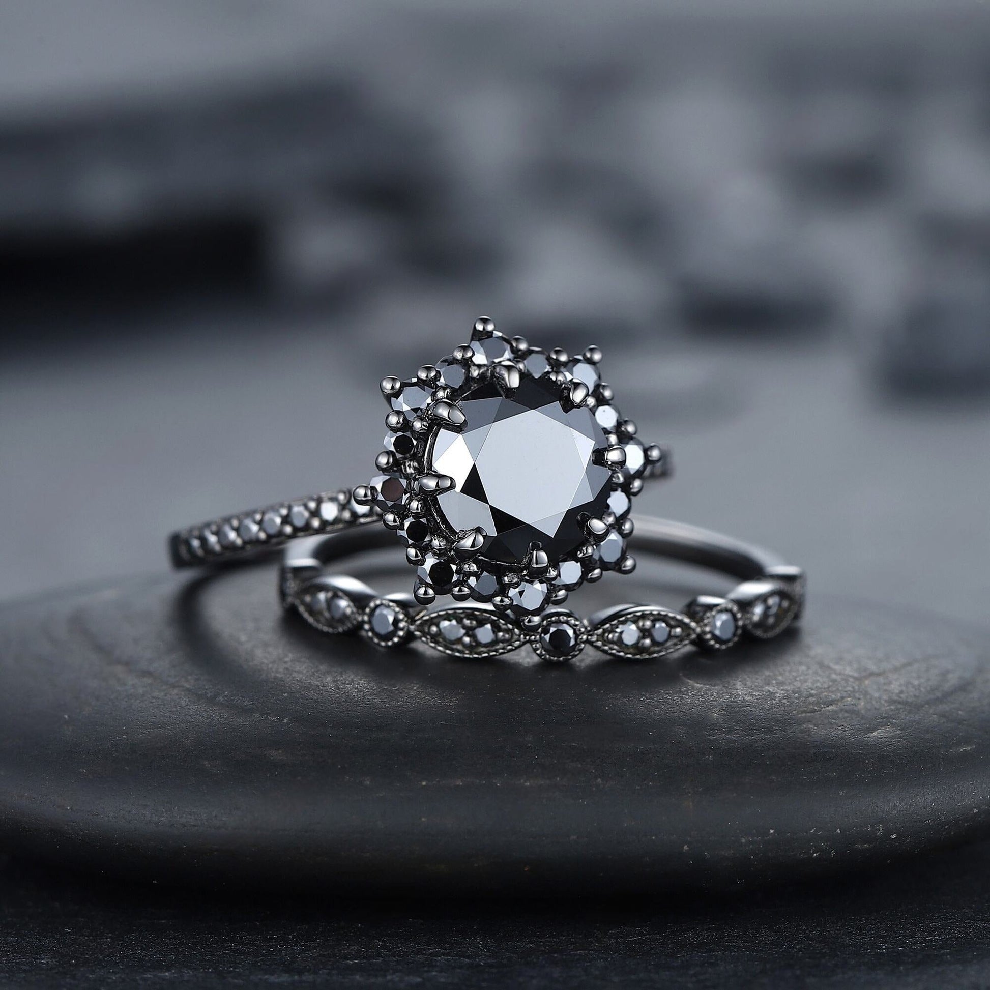 Vintage Round Black Onyx Black Gold Promise Ring, Rhodium Black Bridal Set, Black Wedding Ring - anerjuly