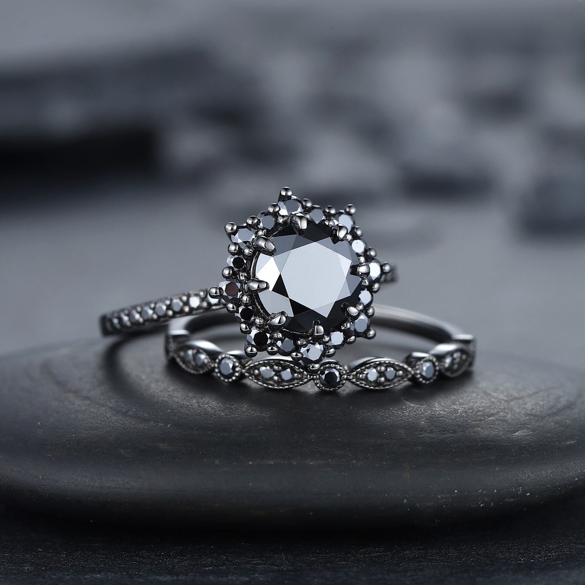 Vintage Round Black Onyx Black Gold Promise Ring, Rhodium Black Bridal Set, Black Wedding Ring - anerjuly