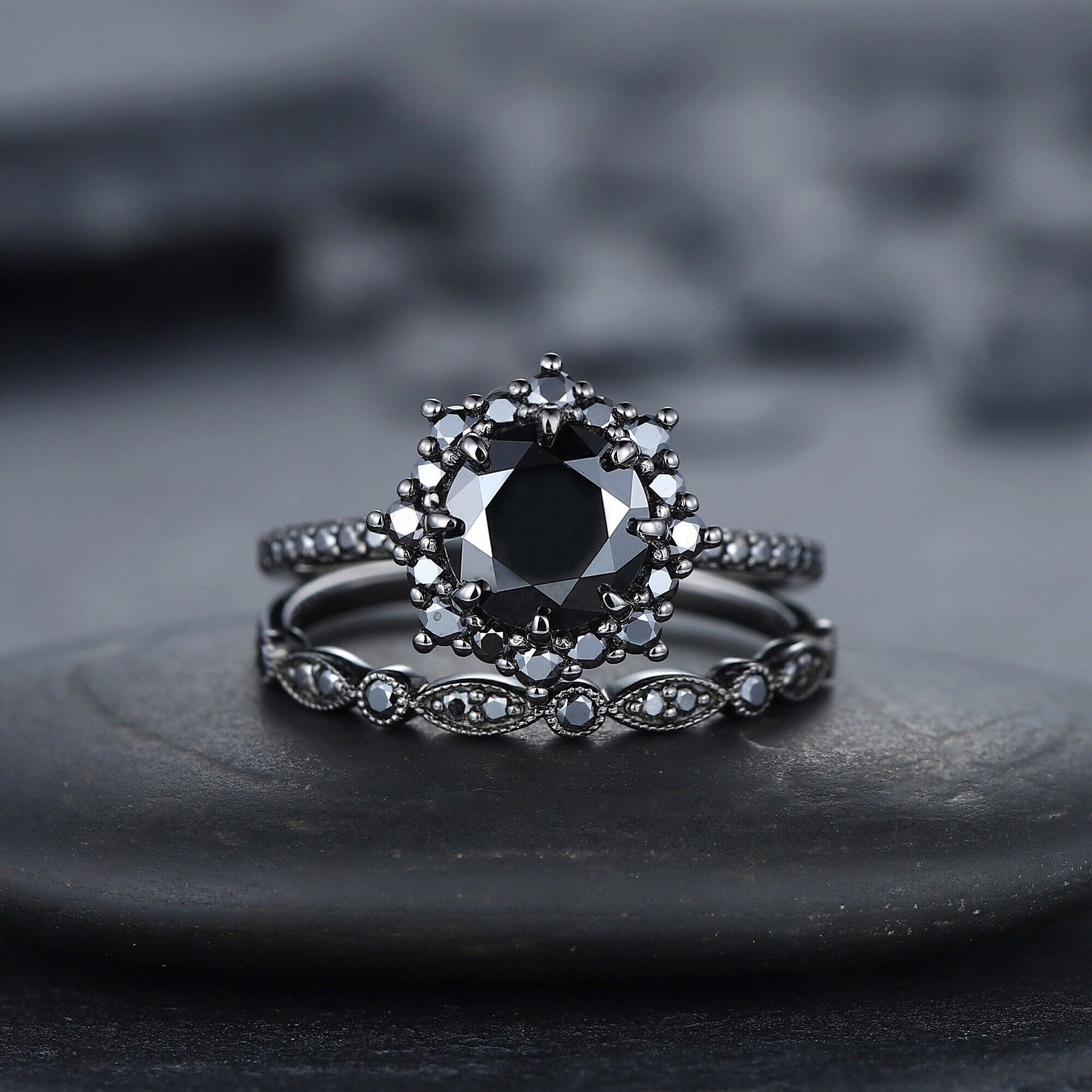 Vintage Round Black Onyx Black Gold Promise Ring, Rhodium Black Bridal Set, Black Wedding Ring - anerjuly