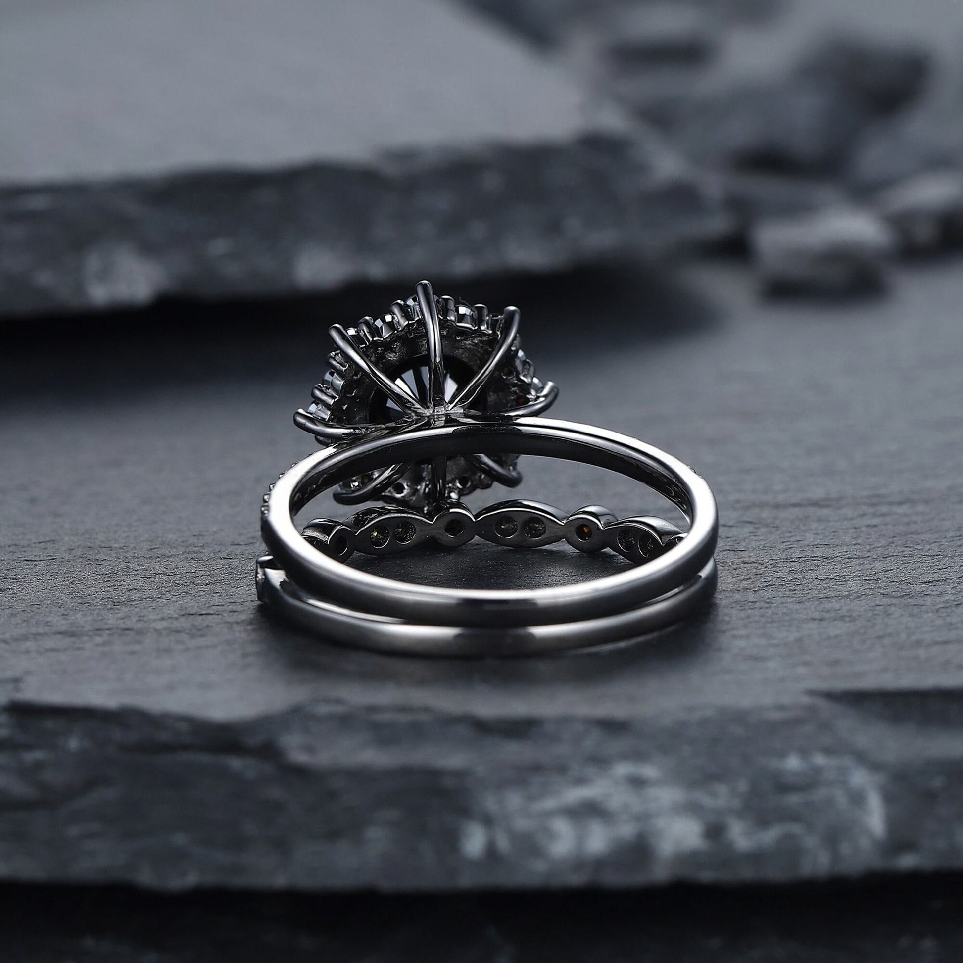 Vintage Round Black Onyx Black Gold Promise Ring, Rhodium Black Bridal Set, Black Wedding Ring - anerjuly