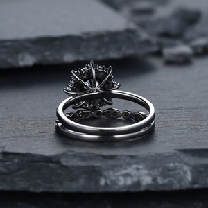 Vintage Round Black Onyx Black Gold Promise Ring, Rhodium Black Bridal Set, Black Wedding Ring - anerjuly