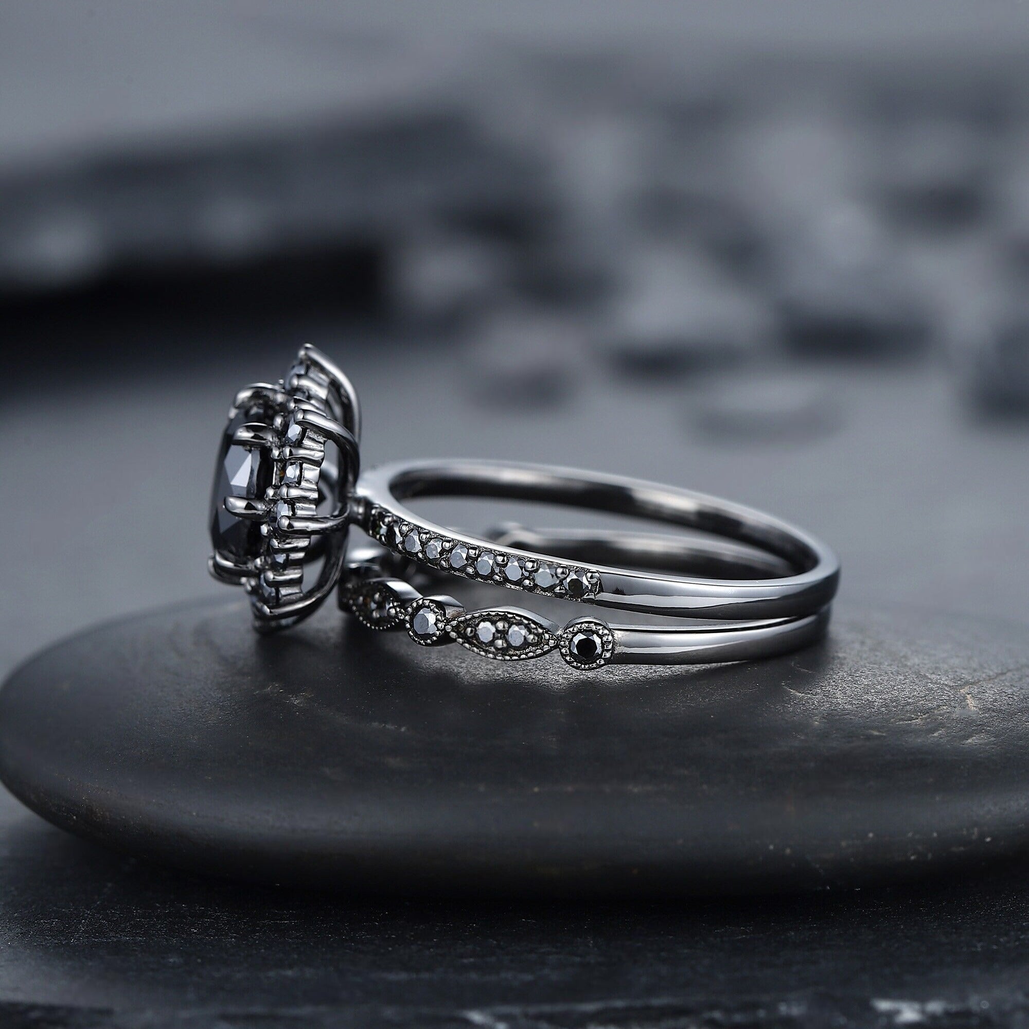 Vintage Round Black Onyx Black Gold Promise Ring, Rhodium Black Bridal Set, Black Wedding Ring - anerjuly