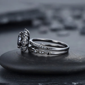 Vintage Round Black Onyx Black Gold Promise Ring, Rhodium Black Bridal Set, Black Wedding Ring - anerjuly