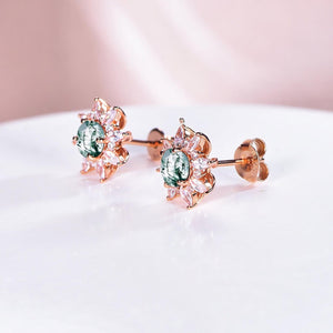 Vintage Round Cut Moss Agate Earrings Rose Gold Moissanite Studs - anerjuly