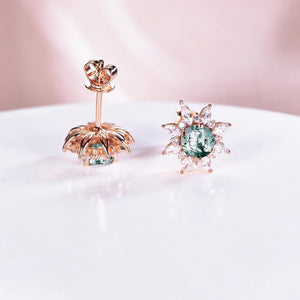 Vintage Round Cut Moss Agate Earrings Rose Gold Moissanite Studs - anerjuly