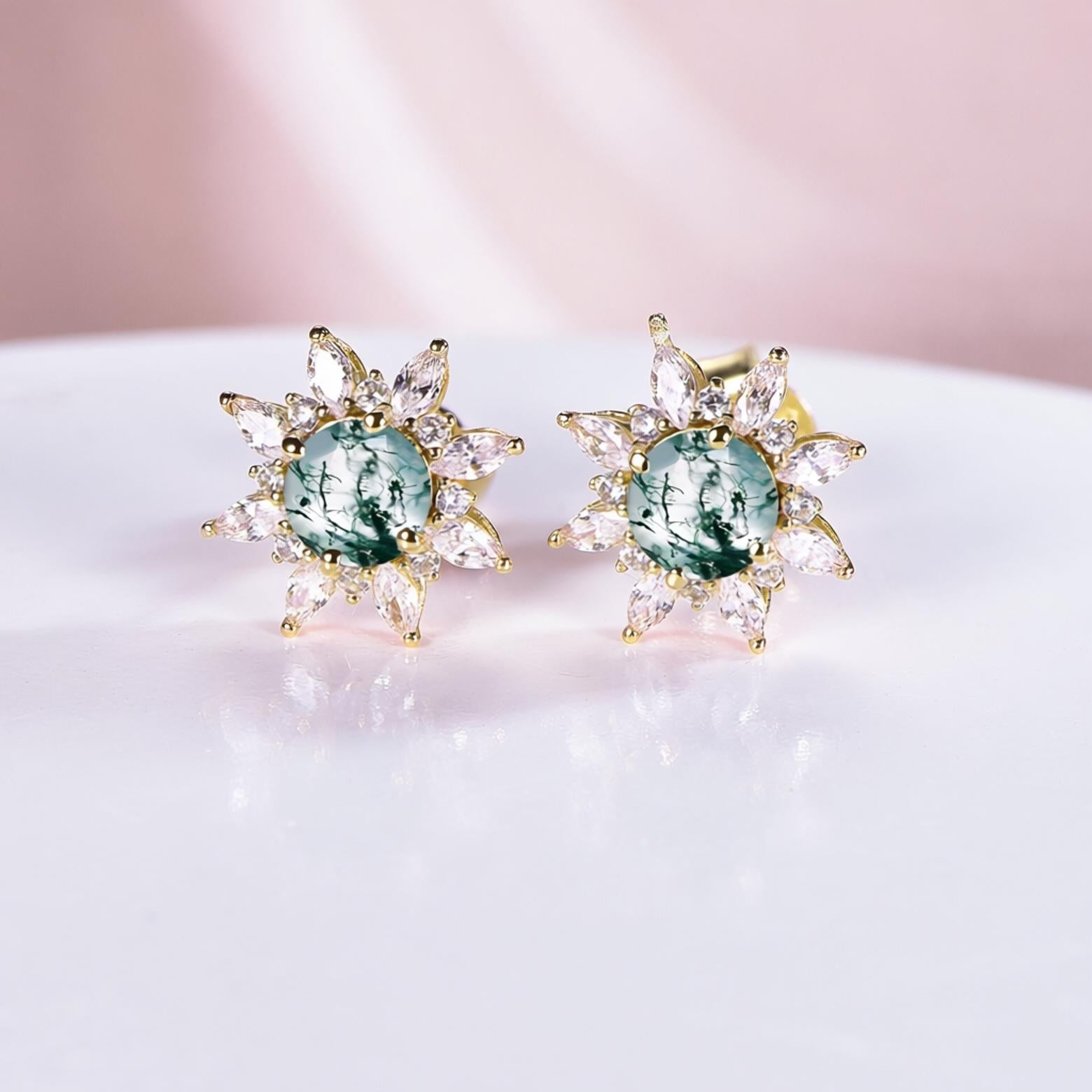 Vintage Round Cut Moss Agate Earrings Rose Gold Moissanite Studs - anerjuly