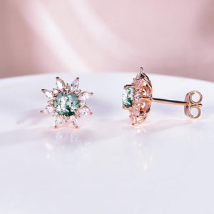 Vintage Round Cut Moss Agate Earrings Rose Gold Moissanite Studs - anerjuly