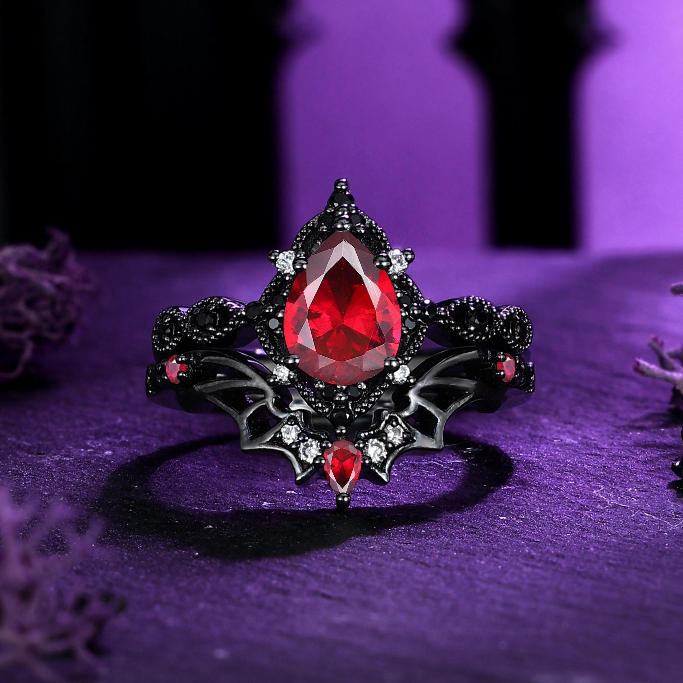 Vintage Ruby Engagement Ring Set Pear - cut for Women Floral Ring Cluster Ring Anniversary Gift For Her - anerjuly