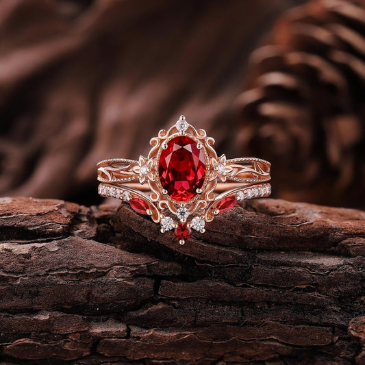 Vintage Ruby Engagement Ring Set Rose Gold Moissanite Ring Art Deco Floral Ring Set Curved Wedding Band Rings For Women Anniversary Gift - anerjuly