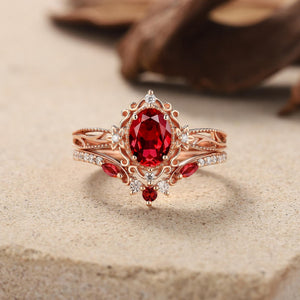 Vintage Ruby Engagement Ring Set Rose Gold Moissanite Ring Art Deco Floral Ring Set Curved Wedding Band Rings For Women Anniversary Gift - anerjuly