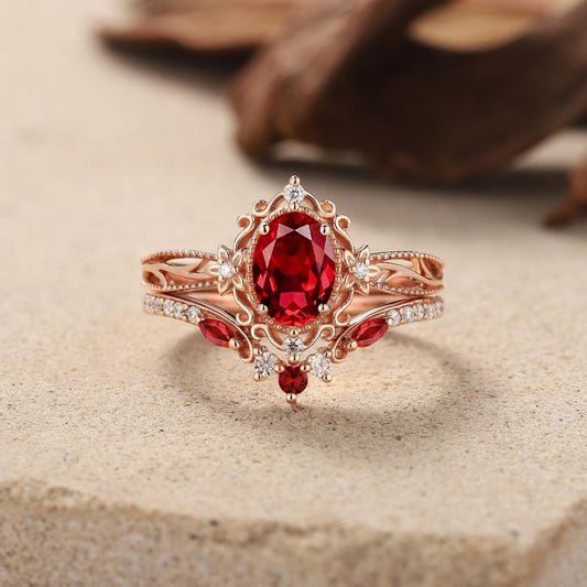 Vintage Ruby Engagement Ring Set Rose Gold Moissanite Ring Art Deco Floral Ring Set Curved Wedding Band Rings For Women Anniversary Gift - anerjuly
