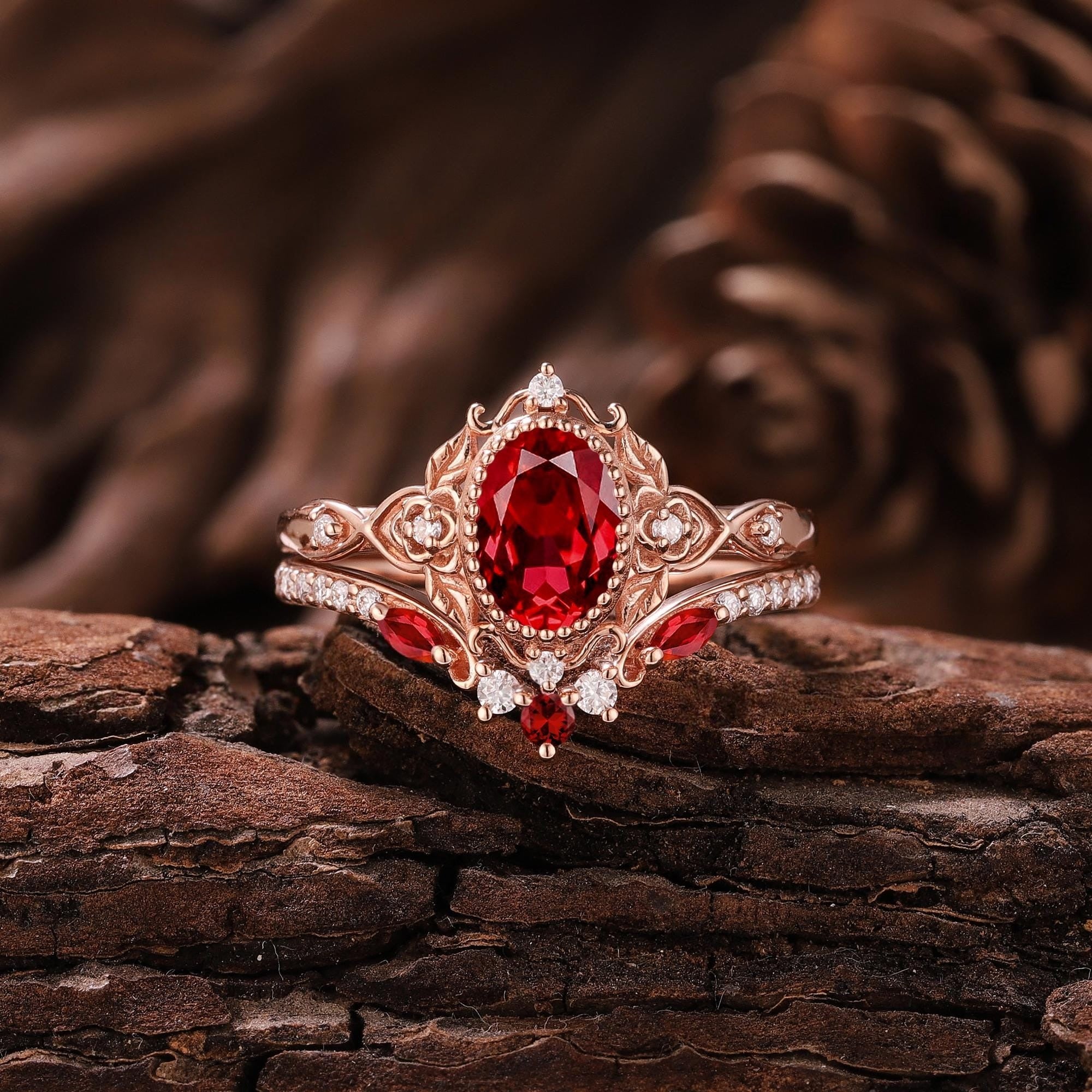 Vintage Ruby Engagement Ring Set Unique Rose Gold Oval Wedding Rings for Women Floral Ring Cluster Diamond Ring Anniversary Gift For Her - anerjuly