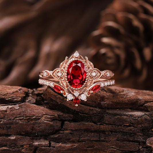 Vintage Ruby Engagement Ring Set Unique Rose Gold Oval Wedding Rings for Women Floral Ring Cluster Diamond Ring Anniversary Gift For Her - anerjuly
