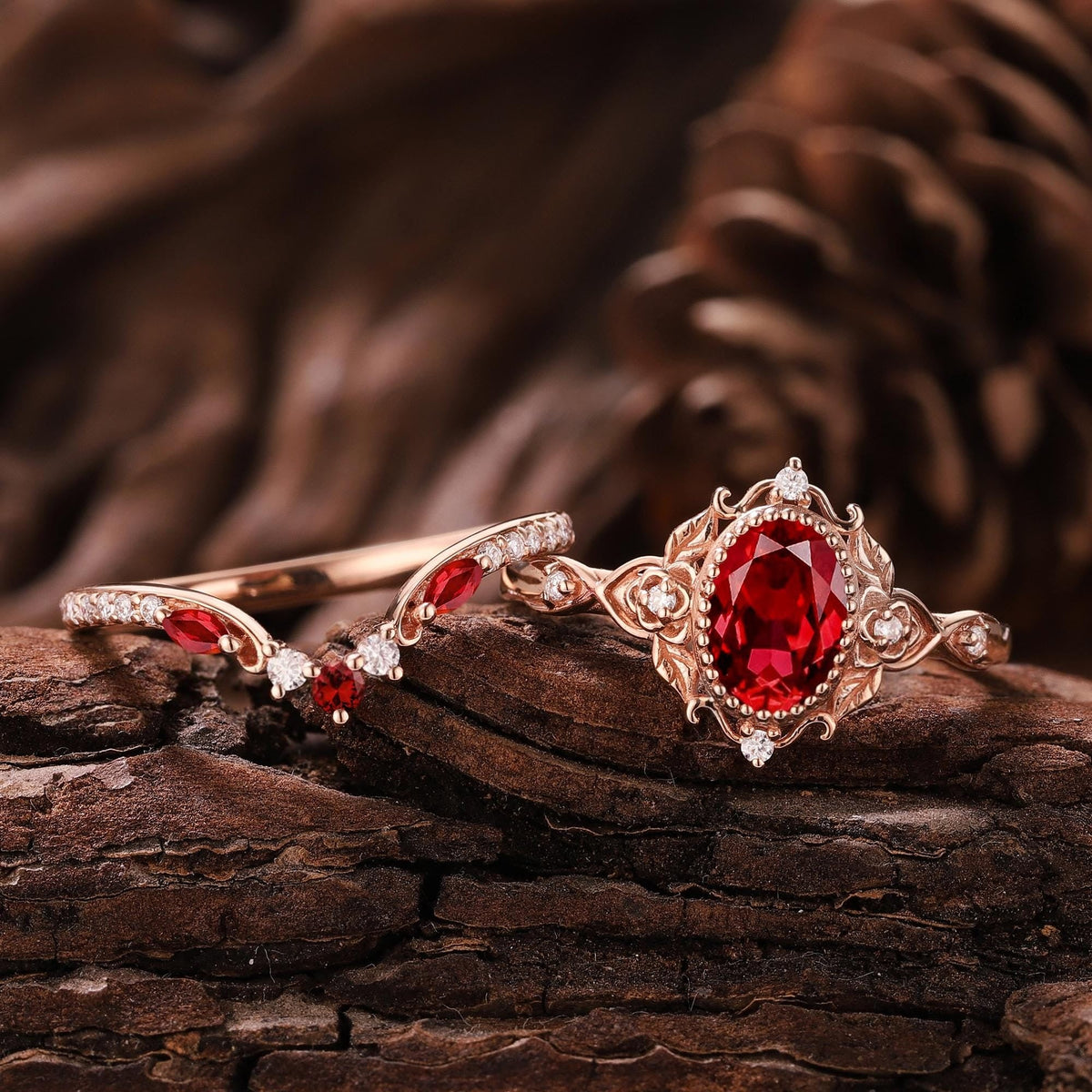 Vintage Ruby Engagement Ring Set Unique Rose Gold Oval Wedding Rings for Women Floral Ring Cluster Diamond Ring Anniversary Gift For Her - anerjuly