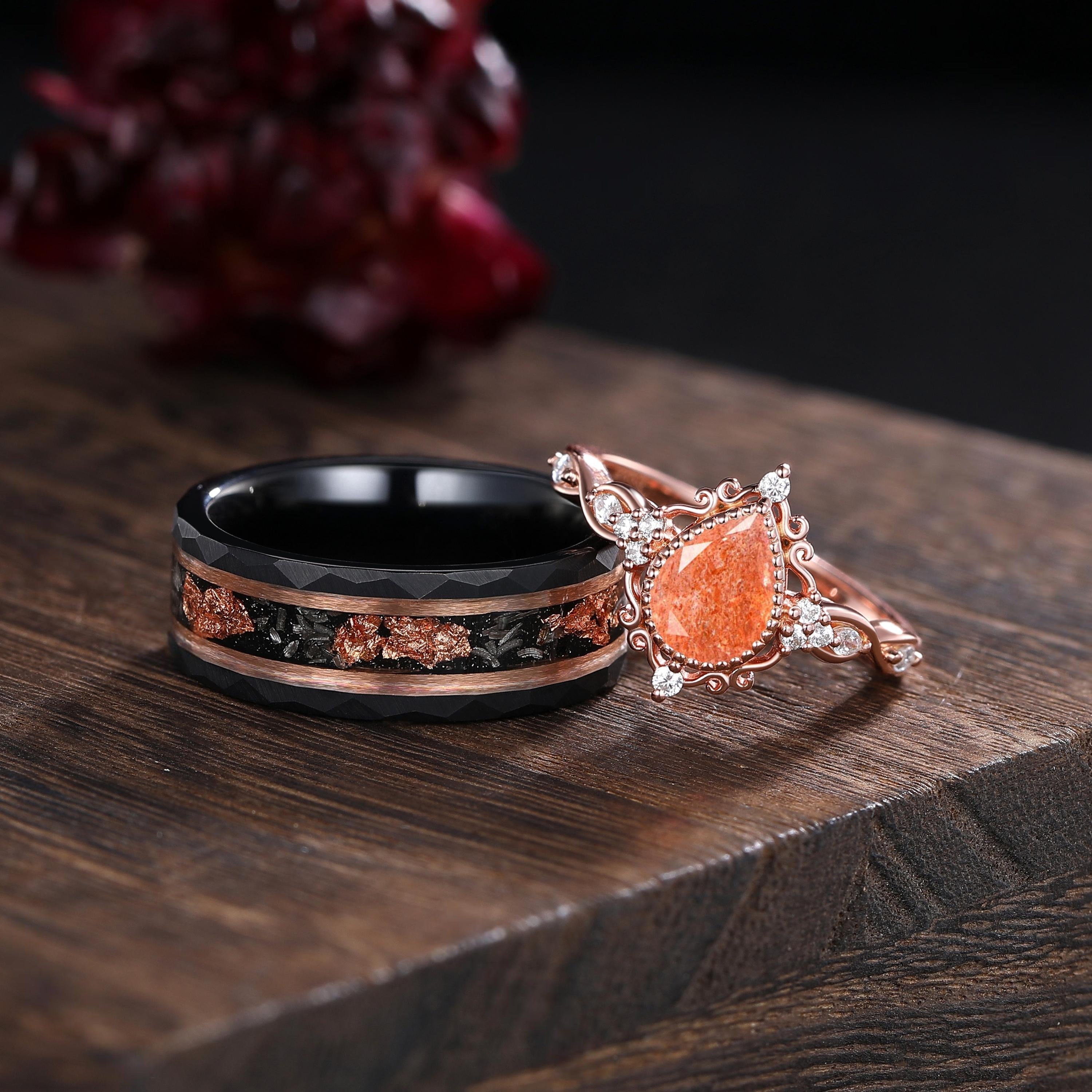 Vintage sunstone couple ring his&her matching wedding band sunstone engagement ring sunstone and sunstone tungsten ring for bridal ring set - anerjuly