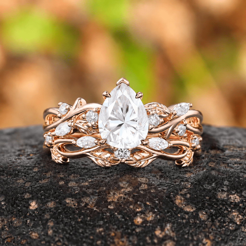 Vintage Twisted Vine Pear Cut White Moissanite Engagement Ring Set - anerjuly