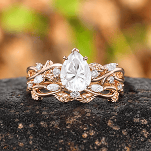 Vintage Twisted Vine Pear Cut White Moissanite Engagement Ring Set - anerjuly